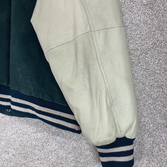 Original Rugged New Zealand Outback Varsity Jacket XL Leather VTG Green *Stains* - Picture 6 of 7